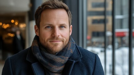 Obraz premium A man stands in a cozy urban setting, wearing a dark coat and a scarf. Soft natural light illuminates his face, highlighting his thoughtful expression in a winter atmosphere