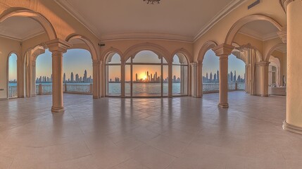 Naklejka premium Sun setting over cityscape viewed from luxury villa's arched terrace.