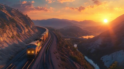 Fototapeta premium A sleek, modern freight train winding through a mountain pass at sunset, symbolizing efficient rail logistics