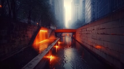 Urban canal at dawn, illuminated by orange lights, with modern architecture.