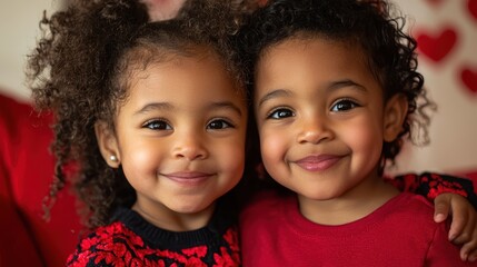 Two joyful girls embrace the spirit of Valentine's Day, smiling brightly as hearts and love fill the air around them, capturing innocence and friendship.