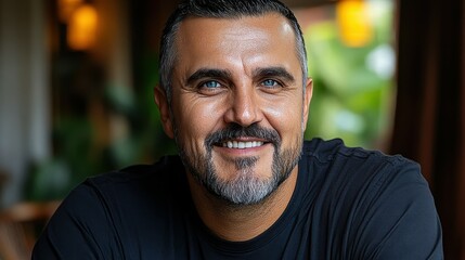 A middle-aged man with a well-groomed beard and dark hair smiles warmly while seated indoors. The setting appears cozy with soft lighting and greenery in the background, creating a relaxed vibe