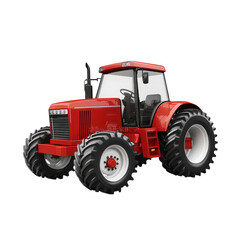 a red tractor. designed for agricultural use. featuring large wheels and a sturdy frame it showcases the vehicle's essential components. such as the cabin. exhaust. and tires. emphasizing its role in