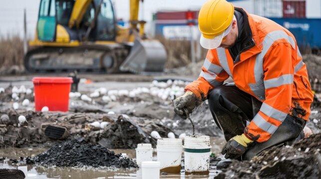 An environmental scientist conducting soil contamination tests in an industrial site, with soil samples and testing equipment visible, Soil contamination testing scene