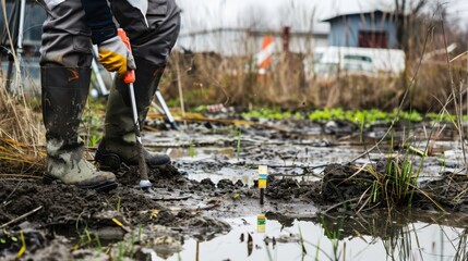 An environmental scientist conducting soil contamination tests in an industrial site, with soil samples and testing equipment visible, Soil contamination testing scene