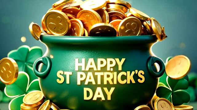 St. Patrick's Day Celebrations background. black cauldron with golden coins, hat and shamrocks. St. Patrick's Day banner background concept 