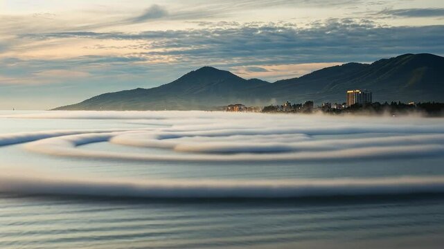Sea Mist Symphony: A mesmerizing spiral of sea mist dances across the tranquil ocean at dawn, creating an ethereal spectacle before the sun rises over distant mountain ranges.