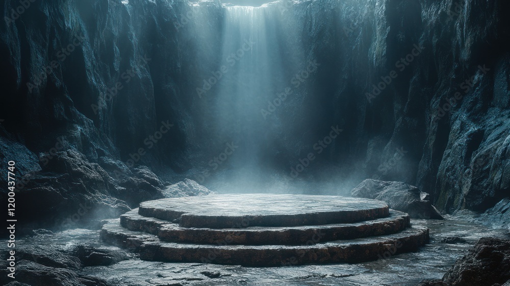 Poster dramatic circular platform surrounded by dark jagged rocks illuminated by spotlight hyper-realistic 
