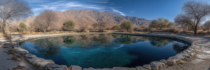 Mountain spring pool reflection, arid landscape background, nature photography
