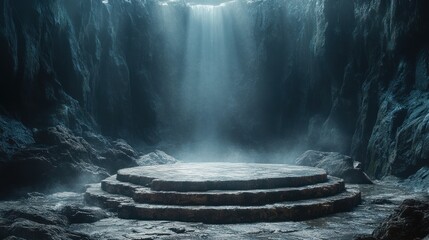 Dramatic Circular Platform Surrounded by Dark Jagged Rocks Illuminated by Spotlight Hyper-Realistic Scene
