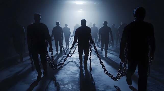 Chained figures walk towards light in dark tunnel; concept art for film or game