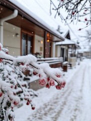 Snowy retreat - picturesque view of mountain village, with cozy cottages blanketed in snow, framed by majestic peaks, calm and enchanting atmosphere of a serene winter landscape.