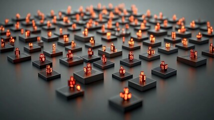 Obraz premium Glowing cubes arranged in a grid pattern on a dark surface.