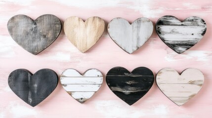 Obraz premium Eight rustic wooden hearts in various colors arranged on a pink background.