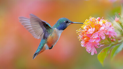 Naklejka premium A graceful hummingbird hovering in mid-air, sipping nectar from a brightly colored flower.