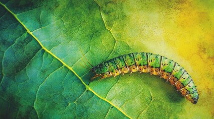 Obraz premium Green caterpillar crawling on a vibrant leaf.