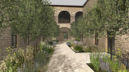 Fototapeta premium Tranquil Courtyard with Stone Pathway and Lush Greenery Surrounded by Vibrant Plants and Flowers