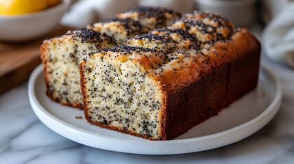 Poppy seed loaf cake, sliced, kitchen table, lemons background, baking recipe