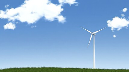 Fototapeta premium Single wind turbine on grassy hill under blue sky with clouds.