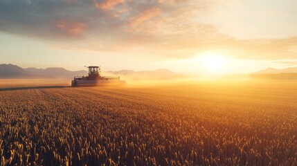 A modern seeding machine working in a vast, flat field of barley at first light