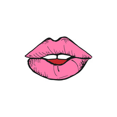 Fototapeta premium Doodle woman’s lip with pink color and visible white teeth and red tongue.
