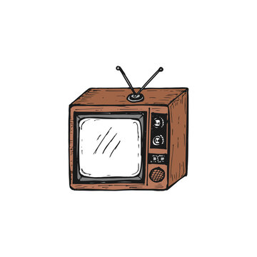 recommend clip art: Hand-drawn vector vintage retro old square TV with antenna illustration.
