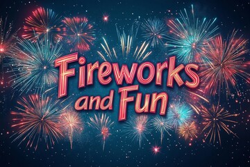 Vibrant fireworks in a night sky with bold Fireworks and Fun text for celebration event themes