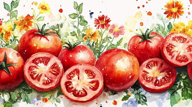 Tomato garden with vibrant watercolor of ripe tomatoes, sliced pieces, and blooming flowers, ideal for creative garden projects.