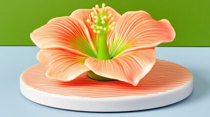 Peach hibiscus flower on a round stand against a green and blue background.