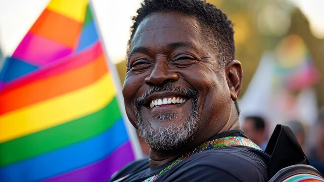 A joyful plussize disabled black man smiles, celebrating pride festival in his vibrant wheelchair under a sunny sky.