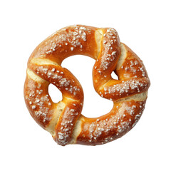 freshly baked pretzel. showcasing its golden-brown. twisted shape. sprinkled with coarse salt the pretzel is placed against a clean. white background. emphasizing its texture and inviting appearance.