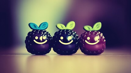 Three cute smiling berry characters in a row.