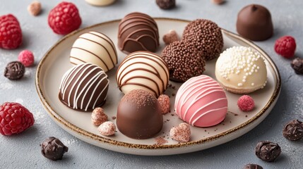 Indulge in a romantic delight with a plate of rich chocolates surrounded by fresh, vibrant raspberries, perfect for celebrating love on Valentine's Day.