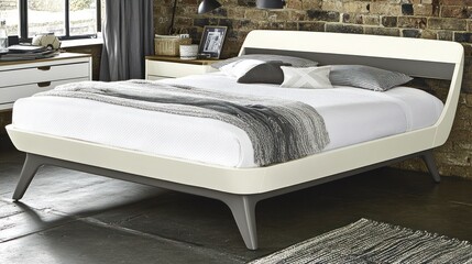 Modern bedroom with stylish double bed, white and grey headboard,  soft bedding, and wooden floor.