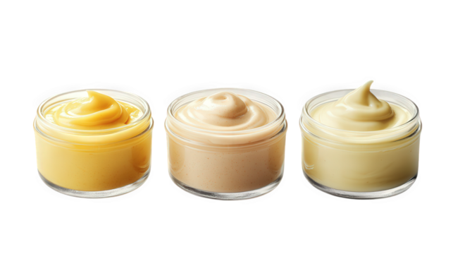 three small glass jars filled with different types of creamy condiments. likely mustard. mayonnaise. and aioli. each with a smooth. swirled top the jars are placed against a soft. neutral background.
