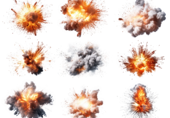 a collection of nine explosion graphics. each displaying different styles and intensities of explosions with vibrant colors and smoke effects these visuals are often used in graphic design. video prod