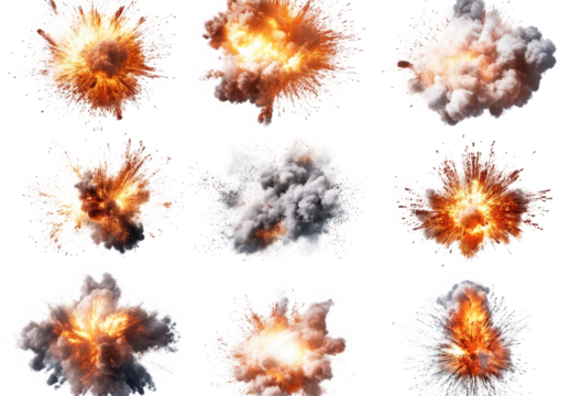a collection of nine explosion graphics. each displaying different styles and intensities of explosions with vibrant colors and smoke effects these visuals are often used in graphic design. video prod