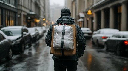 Fototapeta premium Rainy City Street Person with Cardboard Backpack Illustration