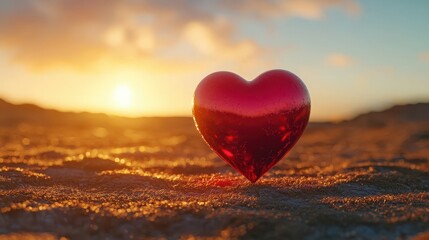 Fototapeta premium A radiant heart rests on the soft sand, kissed by the sun's golden rays as it sets, creating a romantic scene perfect for Valentine's Day.