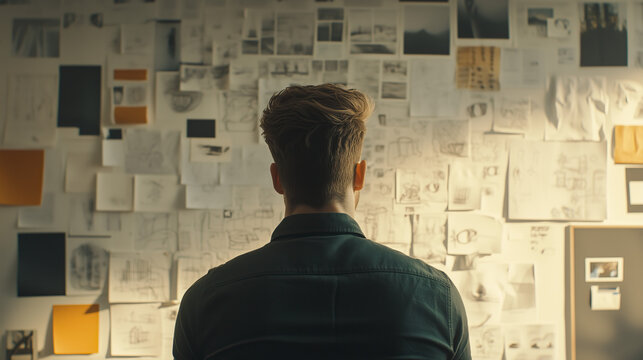 Creative workspace of a man in his thirties reviewing design sketches on an office wall, a visual inspiration board for fashion or graphic design in an advertising style