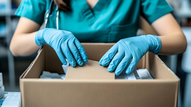 Medical Worker Packing Cardboard Box -  A Realistic Image