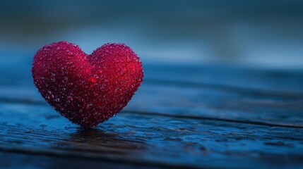 Obraz premium A vivid heart carved from wood rests on a rustic table, glistening with water droplets, symbolizing love's beauty and fragility on Valentine's Day.