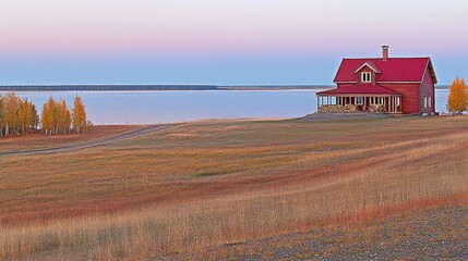 Fototapeta premium Red house on autumnal field overlooking calm lake at sunset.
