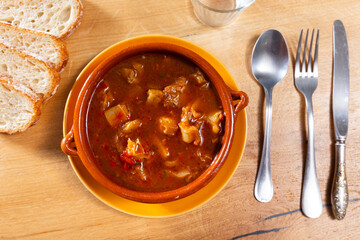 Delicious beef offal served in sauce in dish
