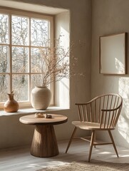 Minimalist Interior Scene Modern Wooden Chair Round Table Sunlight Streaming Soft Shadows