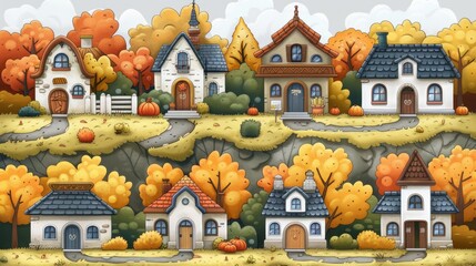 Autumn village hillside, colorful houses, fall foliage, pumpkin harvest, scenic background, ideal for autumnal greetings