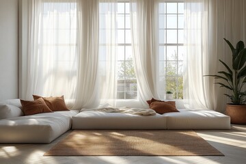 Minimalist Scandinavian Living Room Interior Design with Sectional Sofa Large Windows and Natural Light