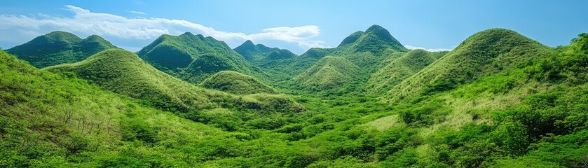 Naklejka premium Lush green hillscape, sunny day, scenic view, travel background