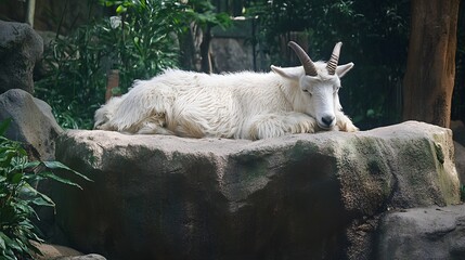 White goat resting on rock, zoo enclosure, leafy background, nature scene, wildlife photography