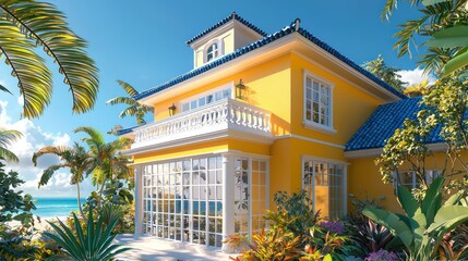 Fototapeta premium A luminous yellow villa with a white stucco balcony, cobalt blue-tiled roof, and large windows